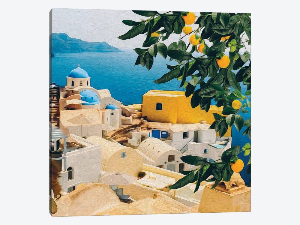 Mandarin Branch With Fruits On Santorini Background by Ievgeniia Bidiuk 1-piece Art Print
