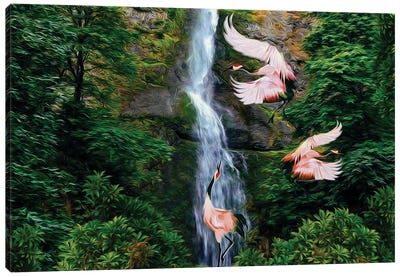 Pink Herons Near The Waterfall Canvas Art Print - Heron Art