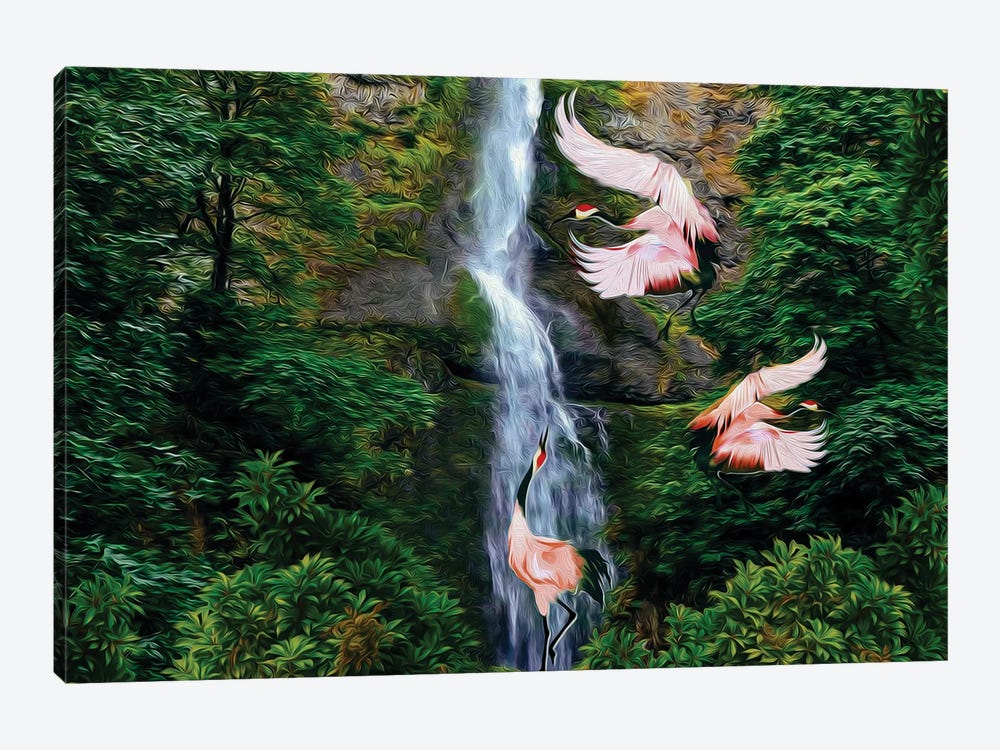 Pink Herons Near The Waterfall by Ievgeniia Bidiuk 1-piece Canvas Wall Art