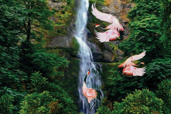 Moss: Pink Herons Near The Waterfall by Ievgeniia Bidiuk