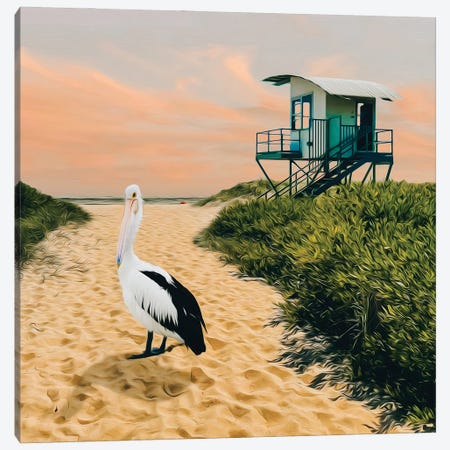 Pelican On The Shore Near Lifeboat Canvas Print #IVG337} by Ievgeniia Bidiuk Art Print