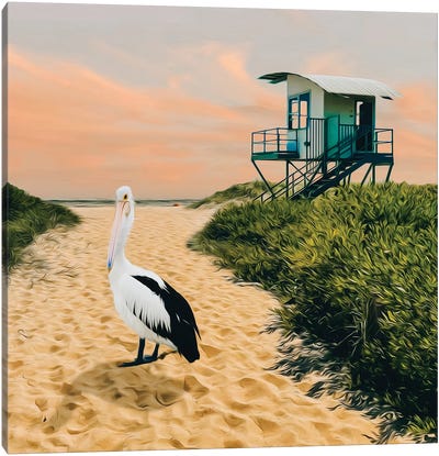 Pelican On The Shore Near Lifeboat Canvas Art Print - Ievgeniia Bidiuk