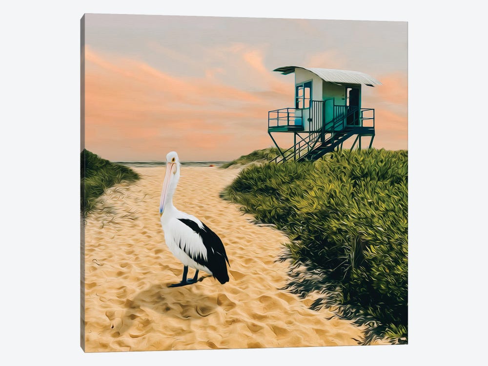 Pelican On The Shore Near Lifeboat by Ievgeniia Bidiuk 1-piece Canvas Wall Art