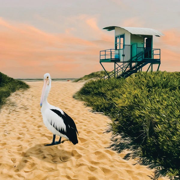 Ievgeniia Bidiuk: Pelican On The Shore Near Lifeboat by Ievgeniia Bidiuk