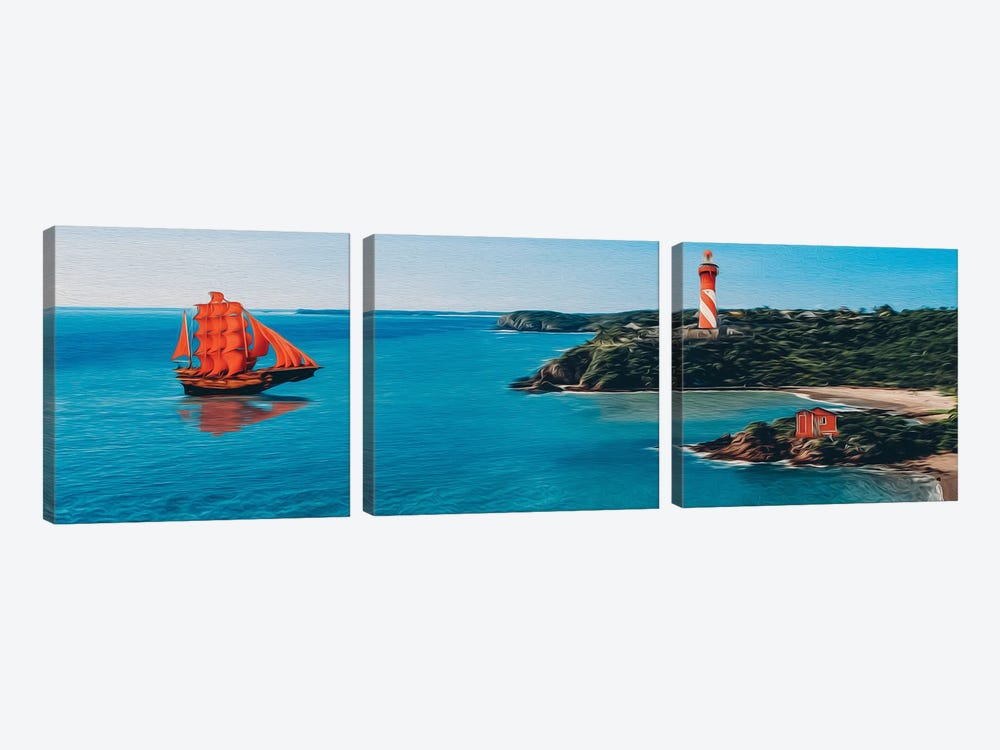 Sailboat With Red Sails by Ievgeniia Bidiuk 3-piece Canvas Wall Art