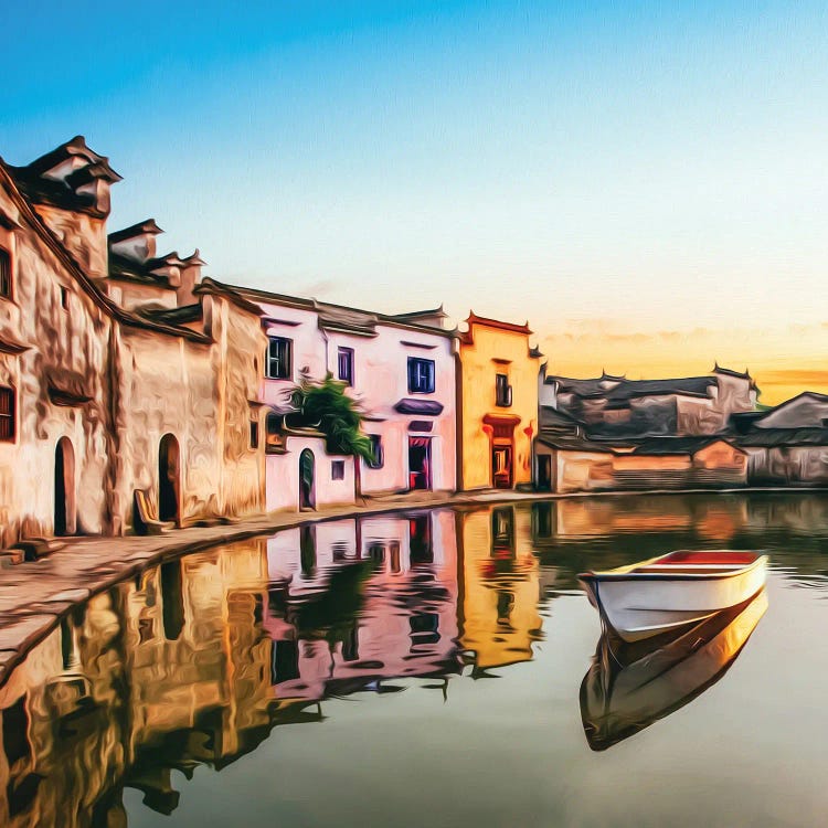 Boat On The Banks Of The Old City by Ievgeniia Bidiuk wall art
