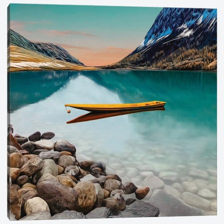 Yellow Canoe On A Lake In The Mountains Canvas Print #IVG357} by Ievgeniia Bidiuk Canvas Print