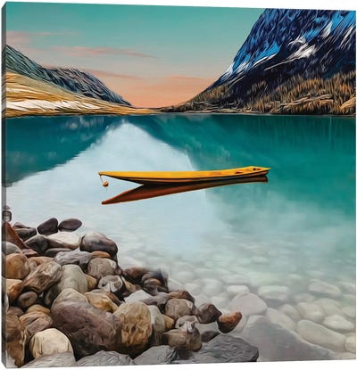 Yellow Canoe On A Lake In The Mountains Canvas Art Print - Canoe Art