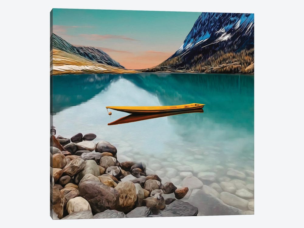 Yellow Canoe On A Lake In The Mountains by Ievgeniia Bidiuk 1-piece Canvas Art