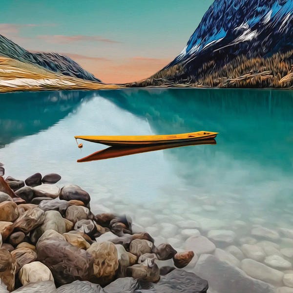 Ievgeniia Bidiuk: Yellow Canoe On A Lake In The Mountains by Ievgeniia Bidiuk
