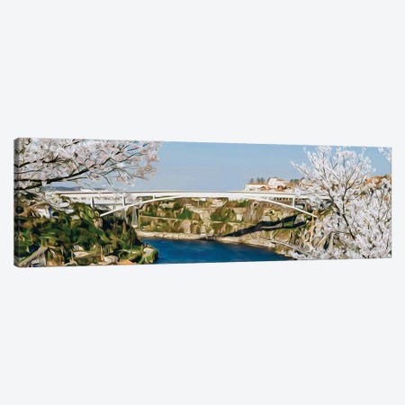 Blooming Cherry Trees On The Background Of A White Bridge Canvas Print #IVG360} by Ievgeniia Bidiuk Art Print