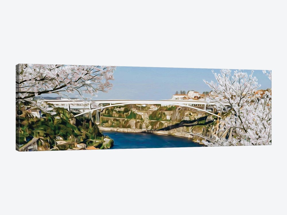 Blooming Cherry Trees On The Background Of A White Bridge by Ievgeniia Bidiuk 1-piece Canvas Wall Art