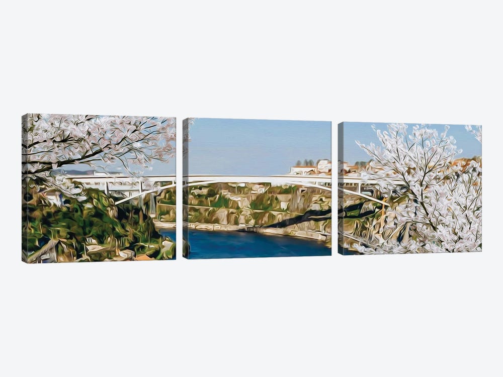 Blooming Cherry Trees On The Background Of A White Bridge by Ievgeniia Bidiuk 3-piece Canvas Wall Art