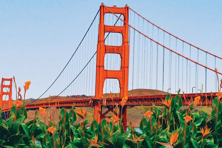 Blooming Strelitzia Against The Background Of The Golden Gate Bridge