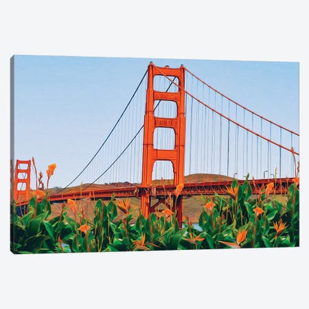 Blooming Strelitzia Against The Background Of The Golden Gate Bridge Canvas Print #IVG361} by Ievgeniia Bidiuk Art Print