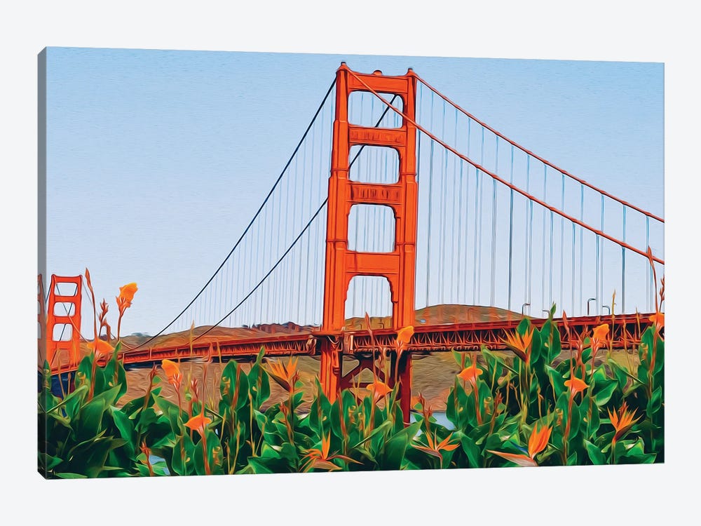 Blooming Strelitzia Against The Background Of The Golden Gate Bridge by Ievgeniia Bidiuk 1-piece Art Print
