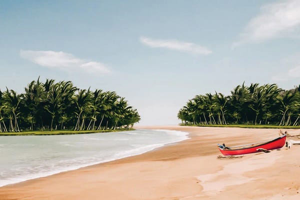 Red Canoe On The Coast Of A Tropical Island