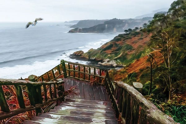 Ievgeniia Bidiuk: Wooden Staircase From The Mountain To The Ocean Shore by Ievgeniia Bidiuk