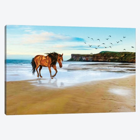 Horse Running Along The Ocean Coast Canvas Print #IVG365} by Ievgeniia Bidiuk Canvas Artwork