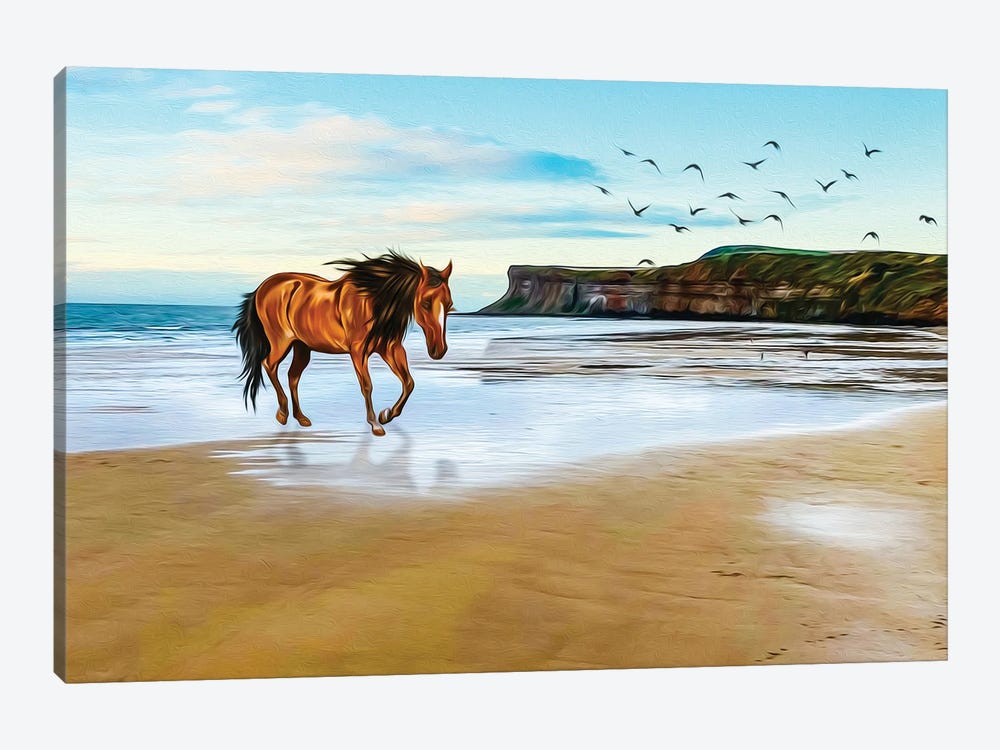 Horse Running Along The Ocean Coast by Ievgeniia Bidiuk 1-piece Canvas Print
