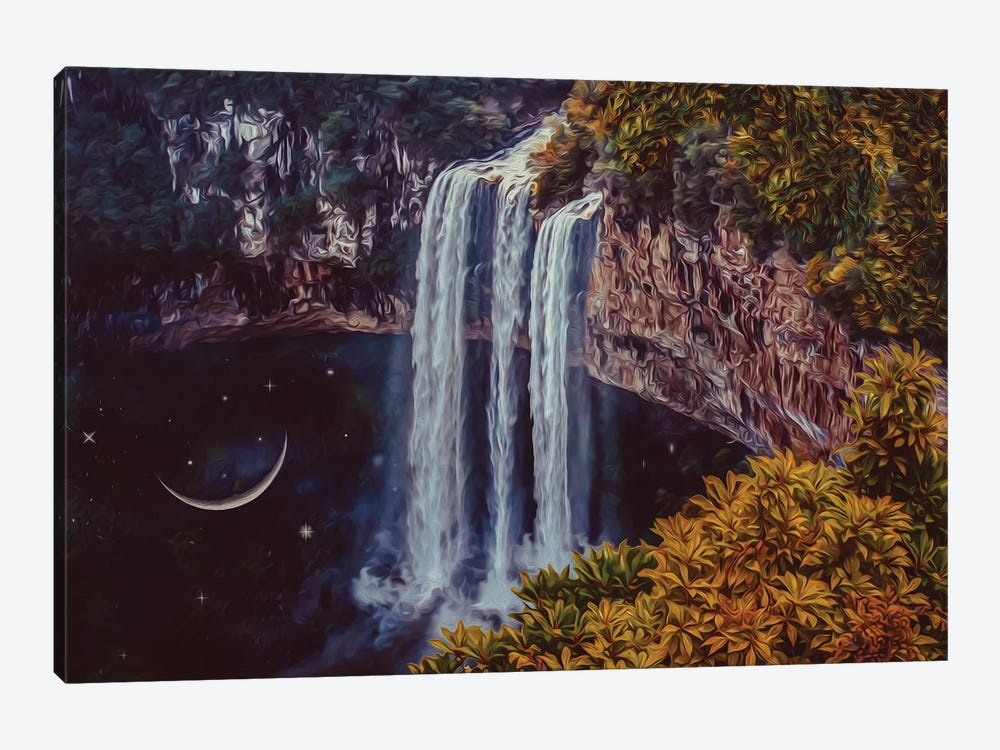 Moon And Stars In The Lake Under The Waterfall by Ievgeniia Bidiuk 1-piece Canvas Art