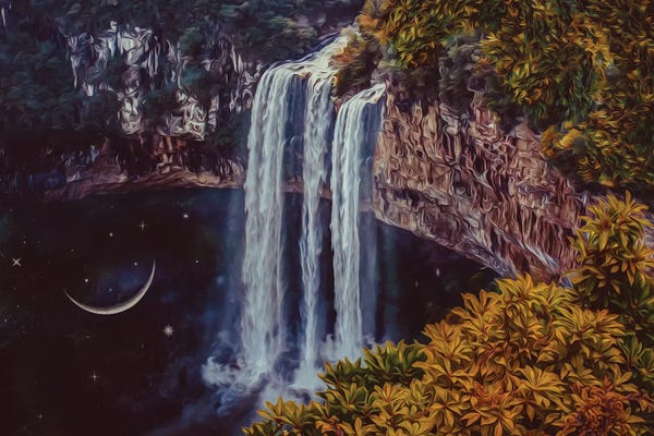 Ievgeniia Bidiuk: Moon And Stars In The Lake Under The Waterfall by Ievgeniia Bidiuk