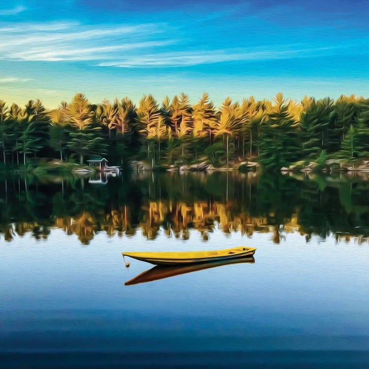 Yellow Canoe On The Lake By The Forest