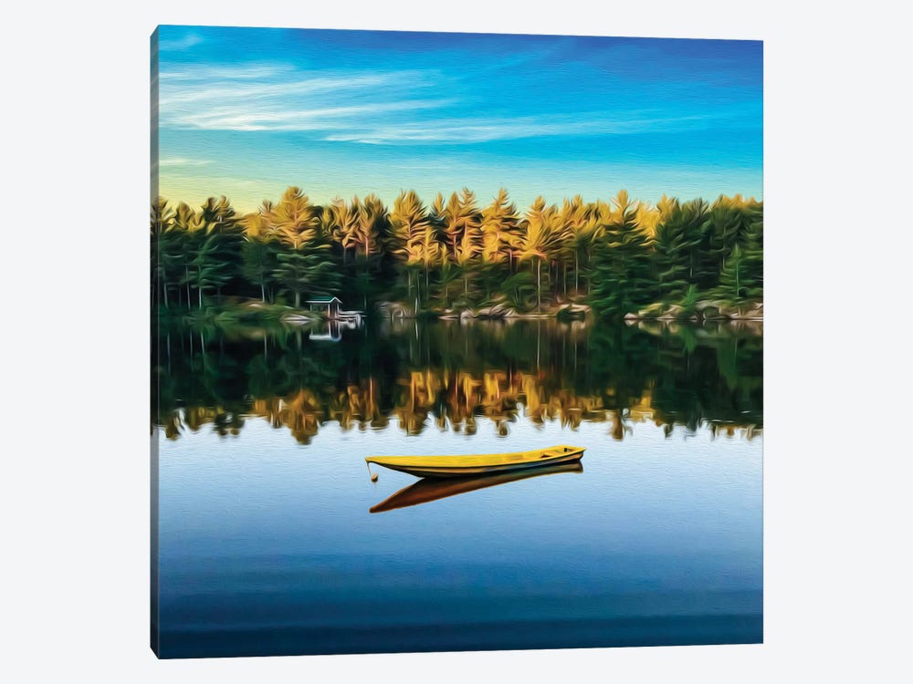 Yellow Canoe On The Lake By The Forest by Ievgeniia Bidiuk 1-piece Canvas Print