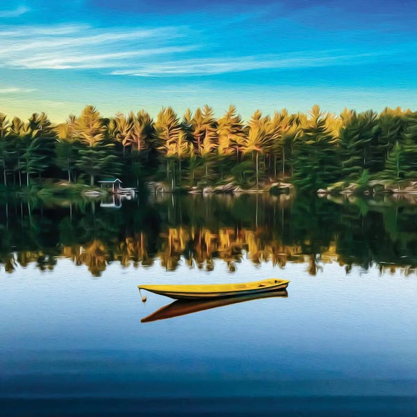 Ievgeniia Bidiuk: Yellow Canoe On The Lake By The Forest by Ievgeniia Bidiuk
