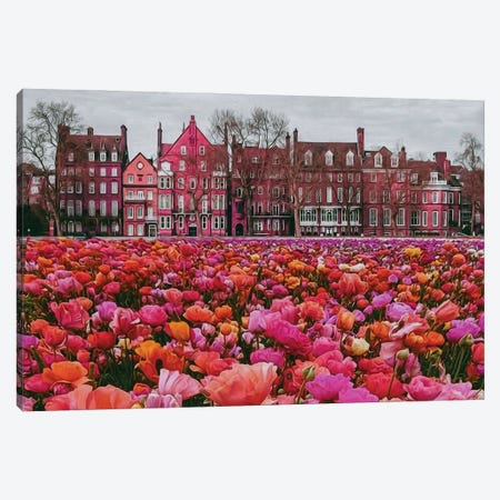 A Large Flowerbed With Flowers Against The Background Of The Old City Canvas Print #IVG371} by Ievgeniia Bidiuk Canvas Artwork
