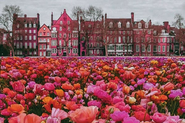 Ievgeniia Bidiuk: A Large Flowerbed With Flowers Against The Background Of The Old City by Ievgeniia Bidiuk