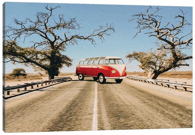 Red Car On The Highway Of The African Savannah Canvas Art Print - Ievgeniia Bidiuk
