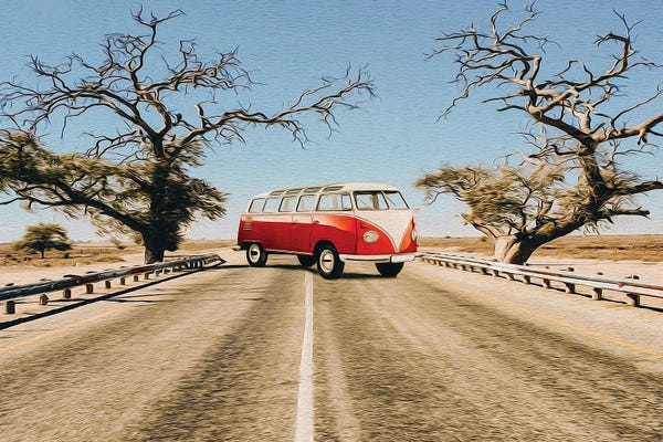 Ievgeniia Bidiuk: Red Car On The Highway Of The African Savannah by Ievgeniia Bidiuk