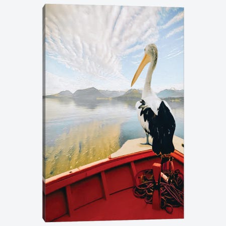 Pelican Sailing In A Boat Against The Backdrop Of A Seascape Canvas Print #IVG377} by Ievgeniia Bidiuk Canvas Art Print