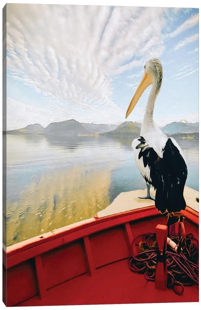 Pelican Sailing In A Boat Against The Backdrop Of A Seascape Canvas Art Print - Pelican Art