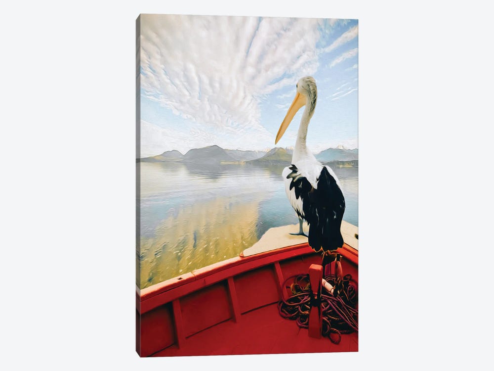 Pelican Sailing In A Boat Against The Backdrop Of A Seascape by Ievgeniia Bidiuk 1-piece Canvas Art