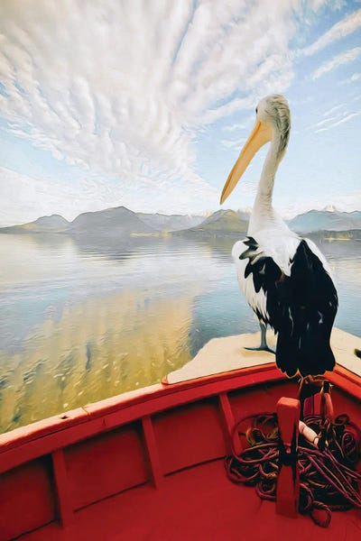 Ievgeniia Bidiuk: Pelican Sailing In A Boat Against The Backdrop Of A Seascape by Ievgeniia Bidiuk