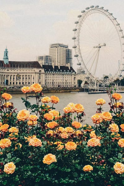 Peach Roses On The Background Of London by Ievgeniia Bidiuk framed wall art