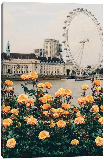 Peach Roses On The Background Of London Canvas Art Print - The London Eye