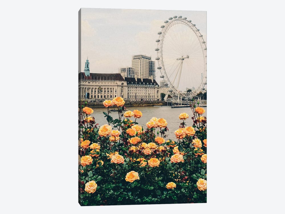 Peach Roses On The Background Of London by Ievgeniia Bidiuk 1-piece Canvas Wall Art