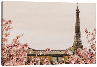 Branches Of Blossoming Sakura On The Background Of Paris Canvas Art Print - Cherry Blossom Art