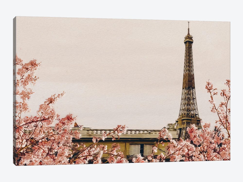 Branches Of Blossoming Sakura On The Background Of Paris by Ievgeniia Bidiuk 1-piece Canvas Art