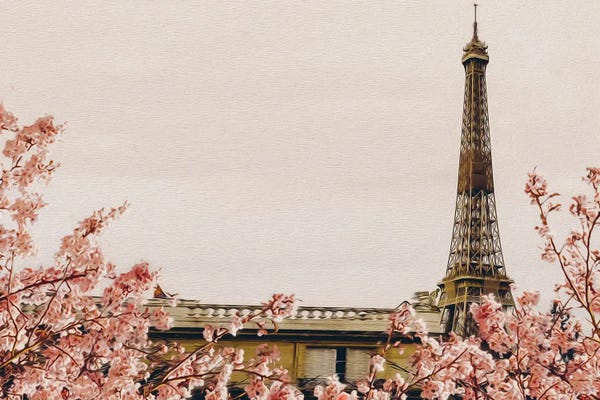 Blossoms: Branches Of Blossoming Sakura On The Background Of Paris by Ievgeniia Bidiuk