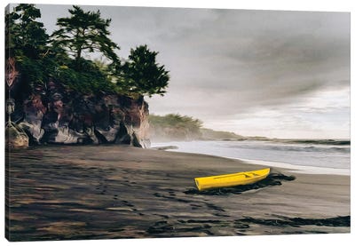 Yellow Boat On The Shore Of The Pacific Ocean Canvas Art Print - Canoe Art