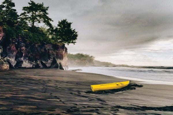Canoes: Yellow Boat On The Shore Of The Pacific Ocean by Ievgeniia Bidiuk