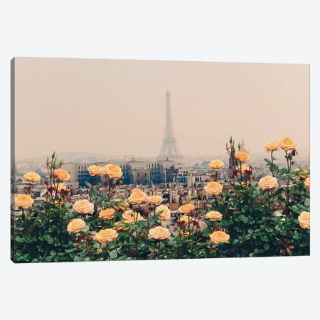 Peach Roses In The Background Of Paris Canvas Print #IVG394} by Ievgeniia Bidiuk Canvas Art Print