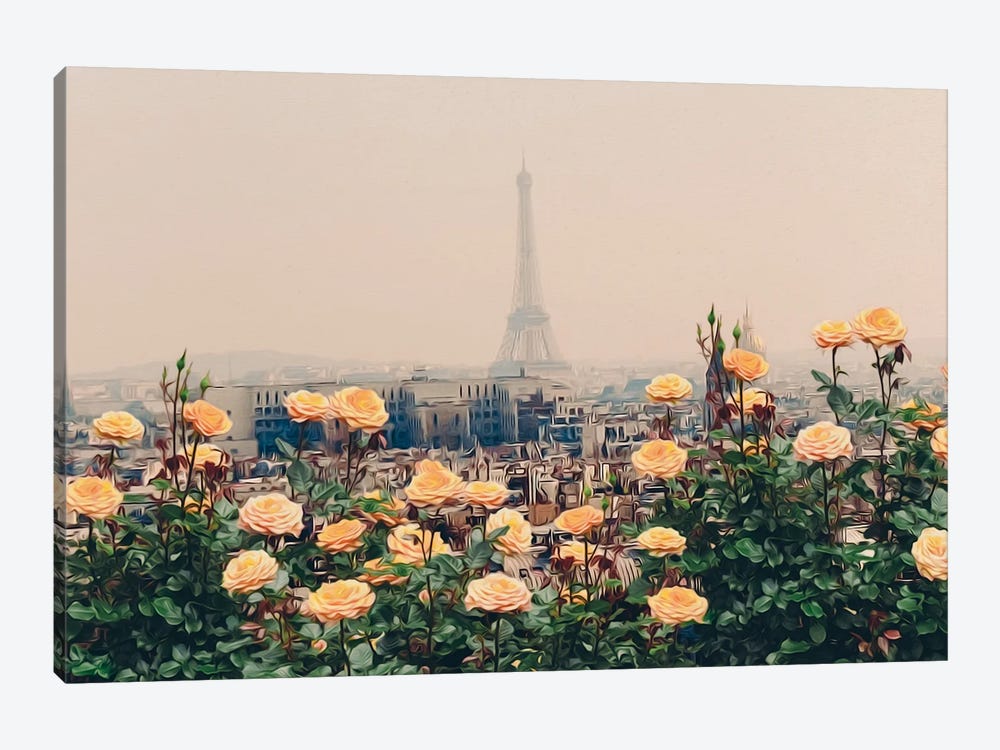 Peach Roses In The Background Of Paris by Ievgeniia Bidiuk 1-piece Canvas Art Print