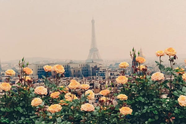 Ievgeniia Bidiuk: Peach Roses In The Background Of Paris by Ievgeniia Bidiuk