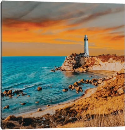 An Old Lighthouse On The Rocks By The Sea Canvas Art Print - Pantone Living Coral 2019