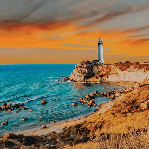 Ievgeniia Bidiuk: An Old Lighthouse On The Rocks By The Sea by Ievgeniia Bidiuk